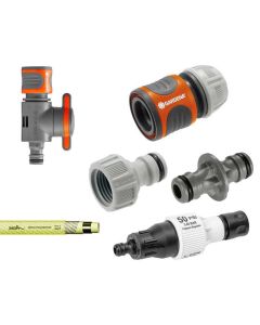 9-teiliges Verbindungsset für den Anschluss vom Wasserhahn zum eigenen Unger HiFlo-Gerät für die Fensterreinigung.
